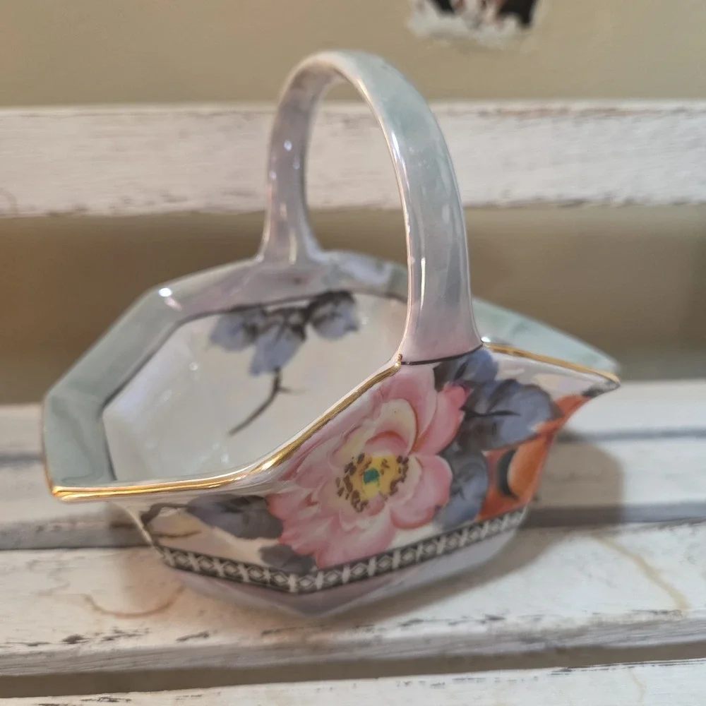 Vintage Lusterware Porcelain Basket with Hand-painted Floal Motif Japan Art Deco